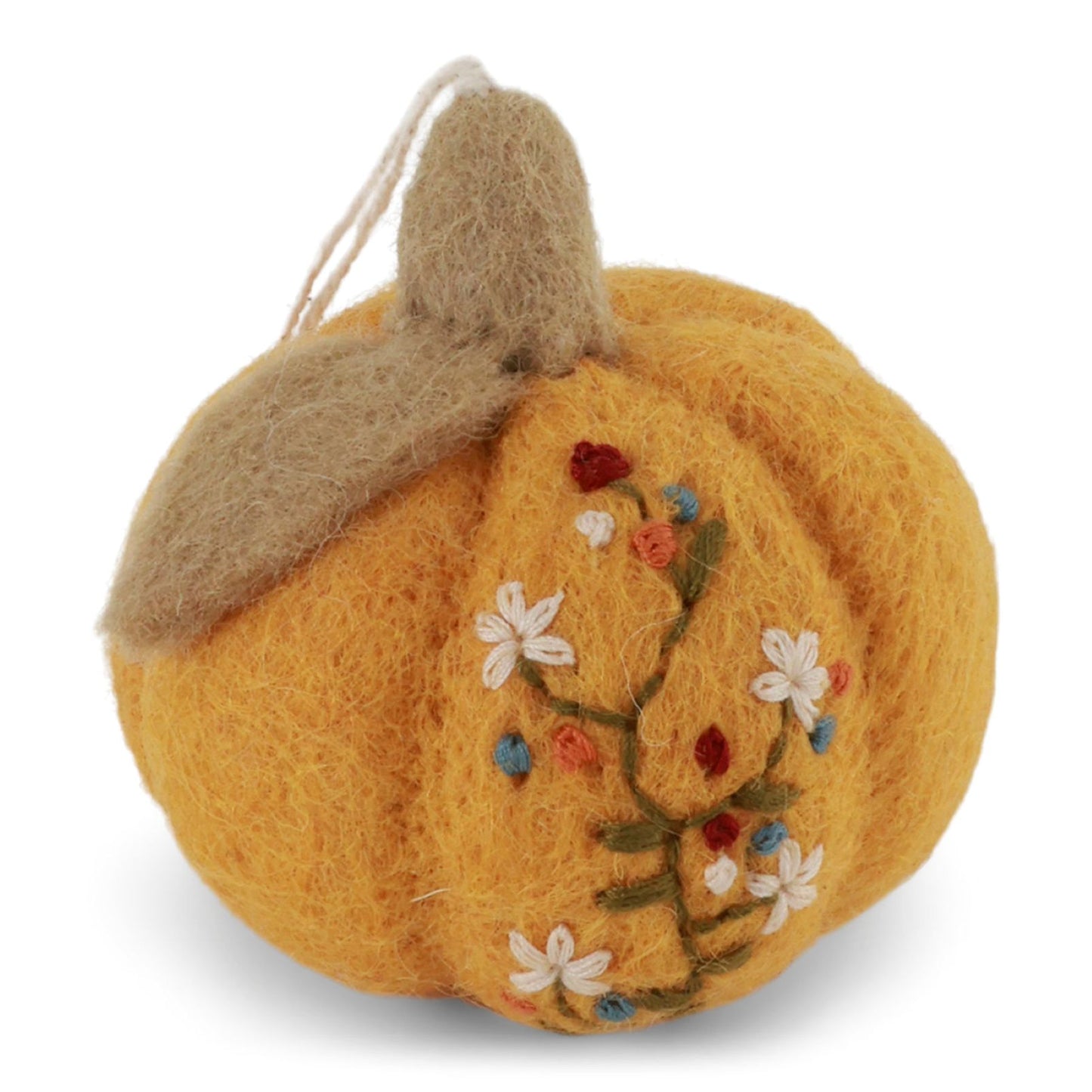 Gry & Sif Filz Kürbis 6cm mit Stickerei Anhänger - rostbraun, ocker