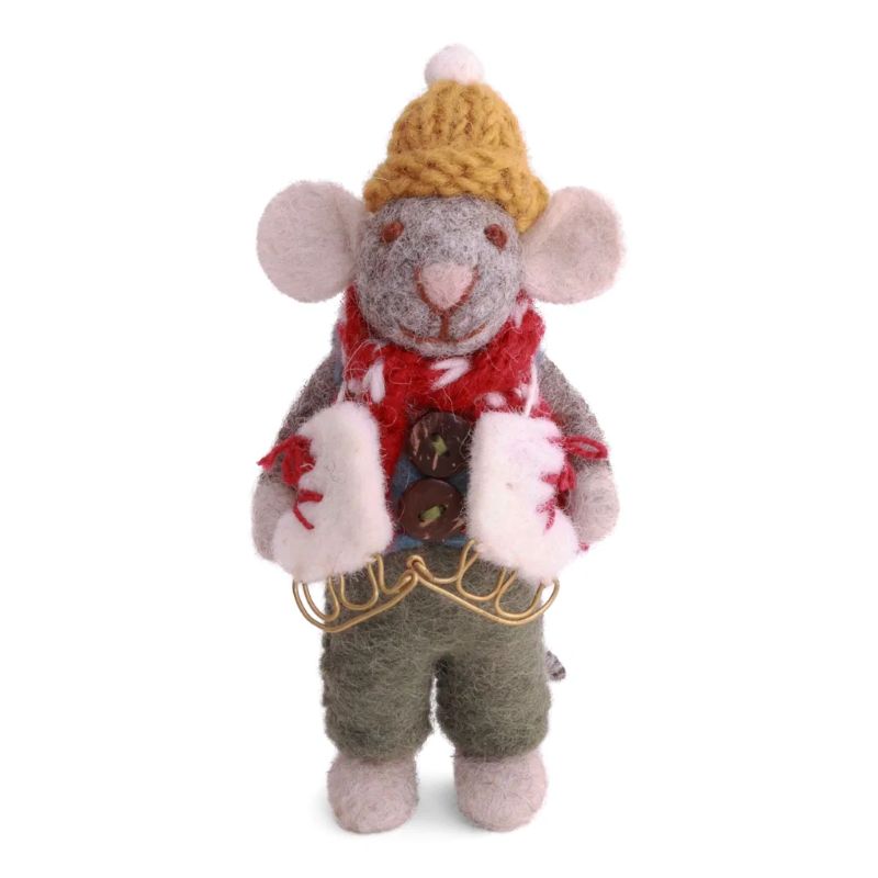 Gry & Sif Filzfiguren Weihnachten Maus mit Weste und Schlittschuhe Anhänger - grau