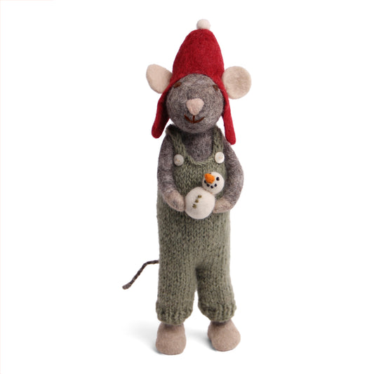 Gry & Sif Filztiere Maus groß mit Latzhose und Schneemann - grau