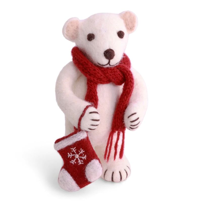 Gry & Sif Filzfiguren Weihnachten Winter Eisbär mit Schal und Weihnachtssocke