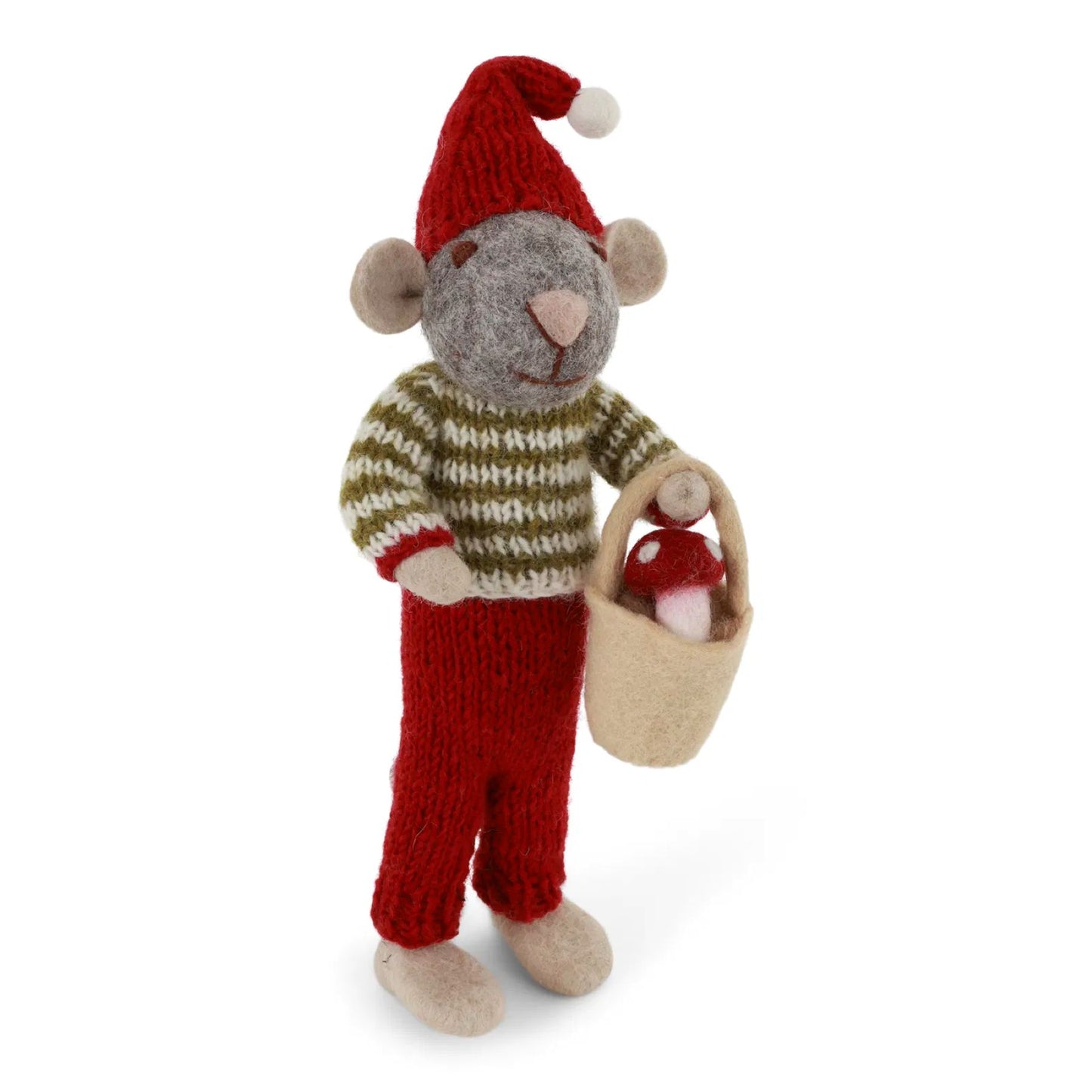 Gry & Sif Filzfiguren Weihnachten Maus groß mit Korb und Fliegenpilz - grau