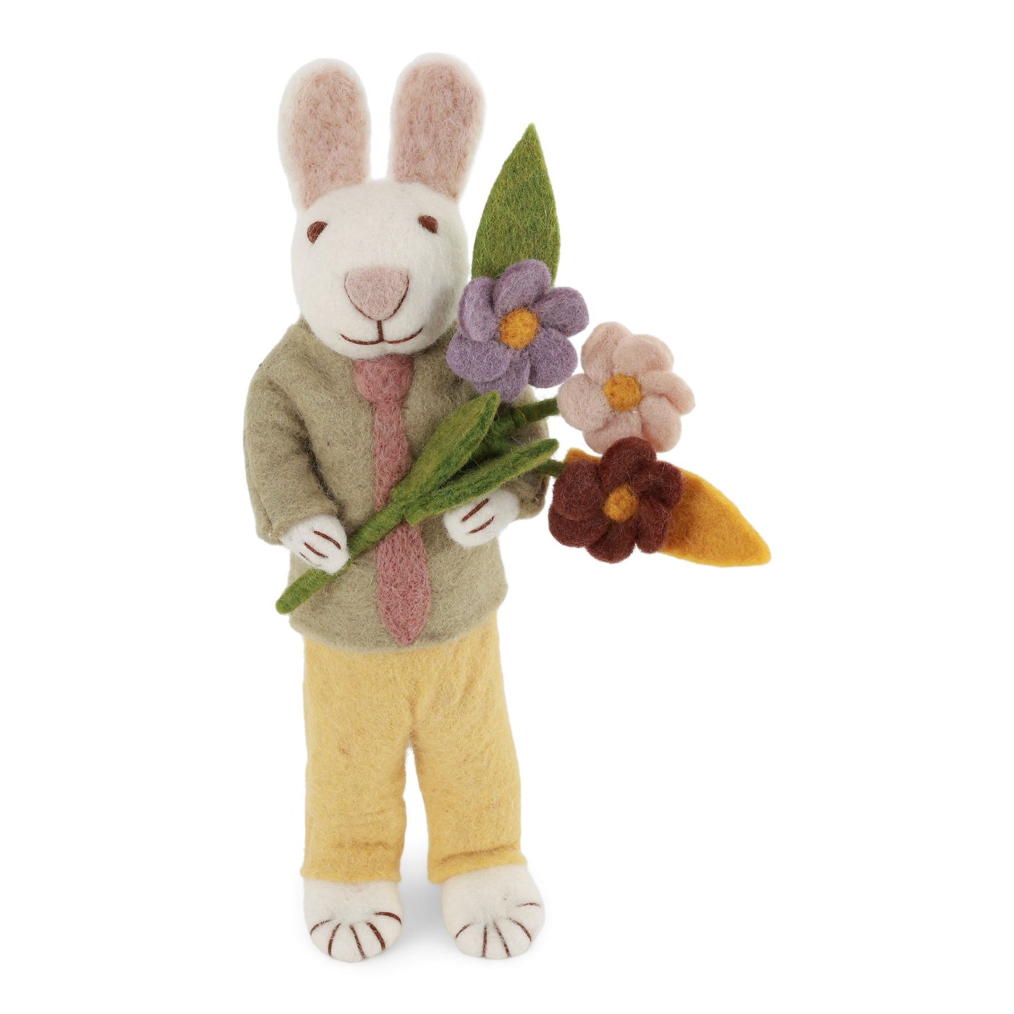Gry & Sif Osterhase Filz gross mit Filzblumen Strauss-weiss
