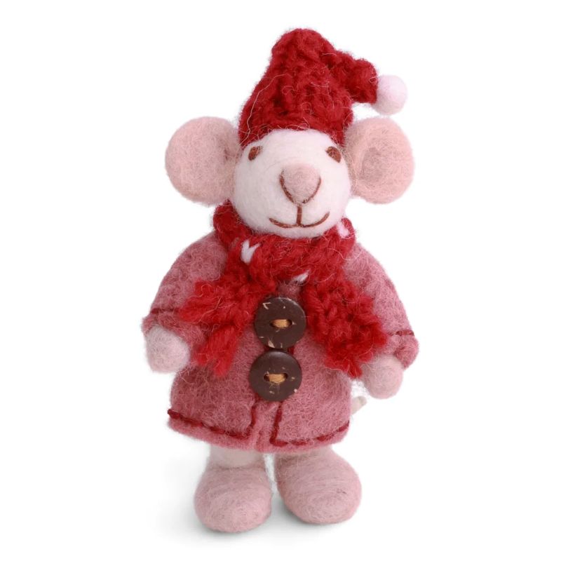 Gry & Sif Filzfiguren Weihnachten Mini Maus Mädchen mit Mantel und Schal Anhänger - weiß