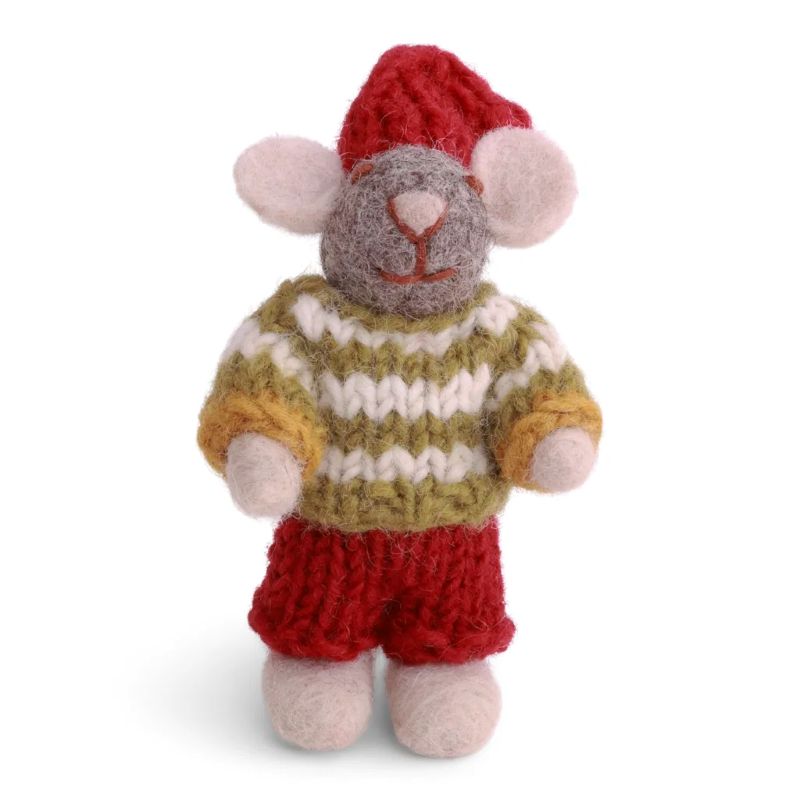 Gry & Sif Filzfiguren Weihnachten Mini Maus mit Strickpulli Anhänger - grau