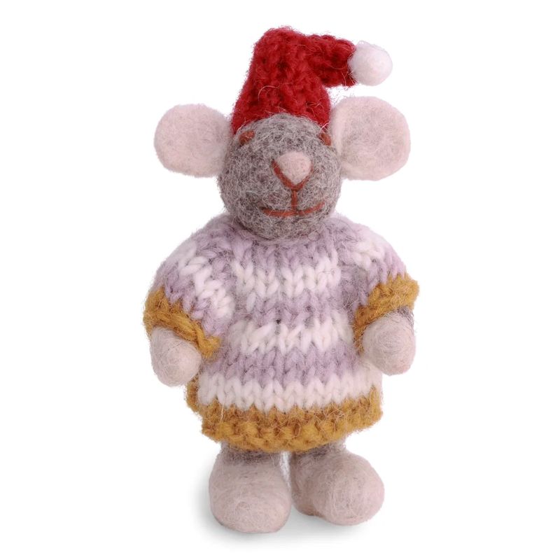Gry & Sif Filzfiguren Weihnachten Mini Maus Mädchen mit Strickkleid Anhänger - grau