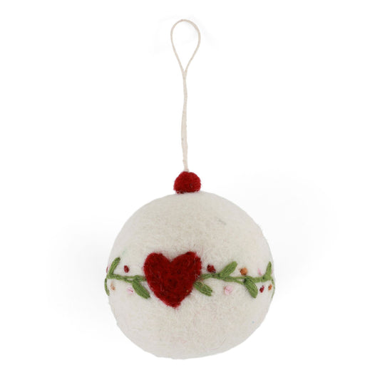 Gry & Sif Baumschmuck Filz Kugel mit Herz und Blütenranke Anhänger - weiß