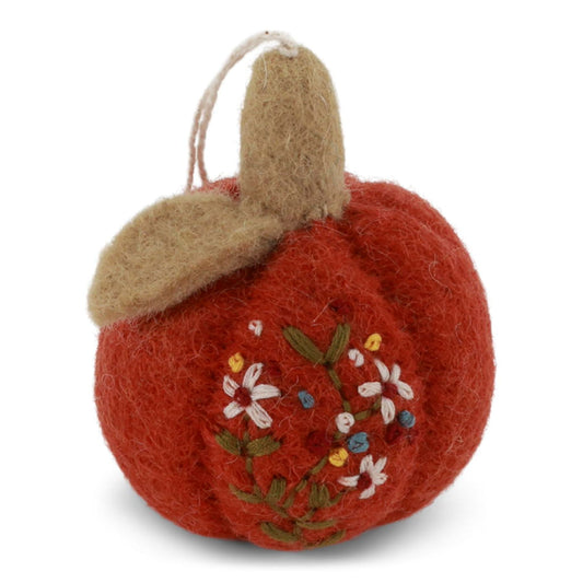 Gry & Sif Filz Kürbis 6cm mit Stickerei Anhänger - rostbraun, ocker