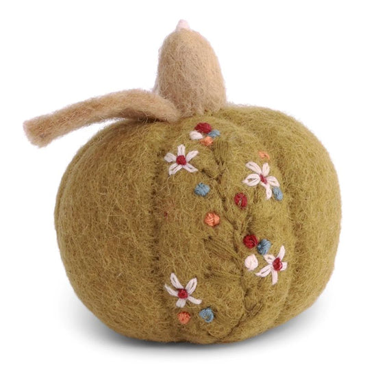 Gry & Sif Filz Kürbis 6cm mit Stickerei Anhänger - rostbraun, ocker, grün
