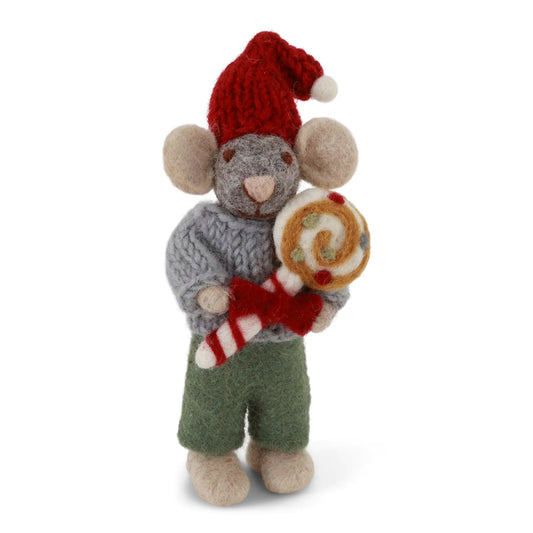Gry & Sif Filzfiguren Weihnachten Maus mit Weihnachstlolli grau