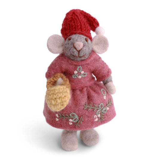 Gry & Sif Filztiere Maus Mädchen mit besticktem Kleid Anhänger - grau