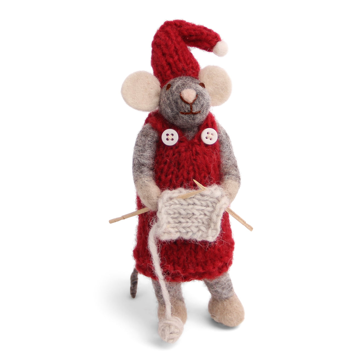 Gry & Sif Filzfiguren Weihnachten Maus Mädchen mit Strickzeug Anhänger - grau