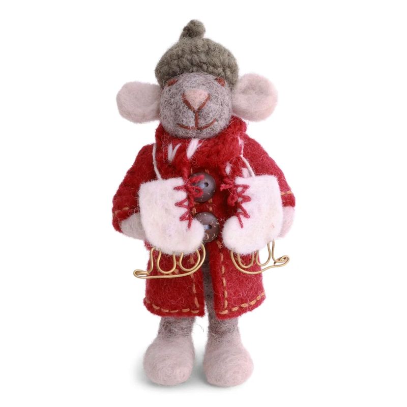 Gry & Sif Filztiere Maus Mädchen mit Mantel und Schlittschuhe Anhänger - grau