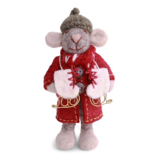 Gry & Sif Filztiere Maus Mädchen mit Mantel und Schlittschuhe Anhänger - grau