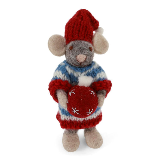 Gry & Sif Filzfiguren Weihnachten Mäusemädchen mit Kleid und Kugel grau