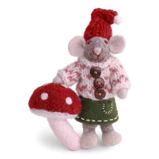 Gry & Sif Filztiere Maus Mädchen mit Strickpulli und Fliegenpilz Anhänger - grau