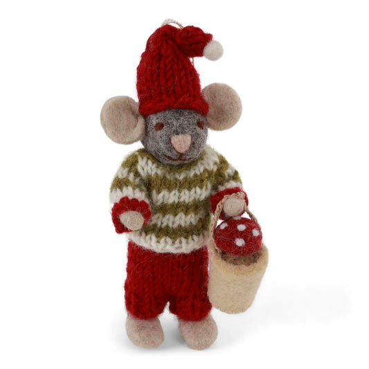 Gry & Sif Filzfiguren Weihnachten Maus mit Eimer und Fliegenpilz grau