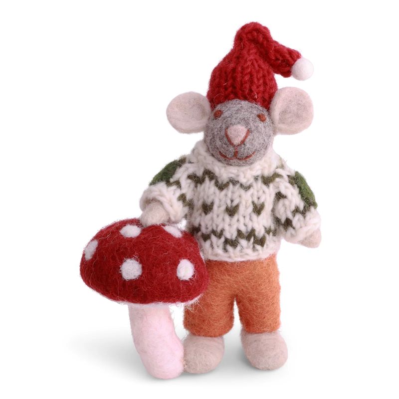 Gry & Sif Filztiere Maus mit Strickpulli und Fliegenpilz Anhänger - grau