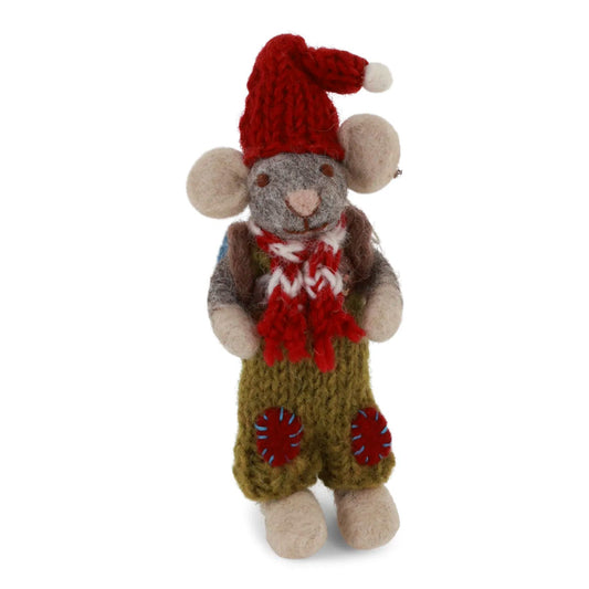 Gry & Sif Filzfiguren Weihnachten Maus mit Latzhose und Rucksack grau