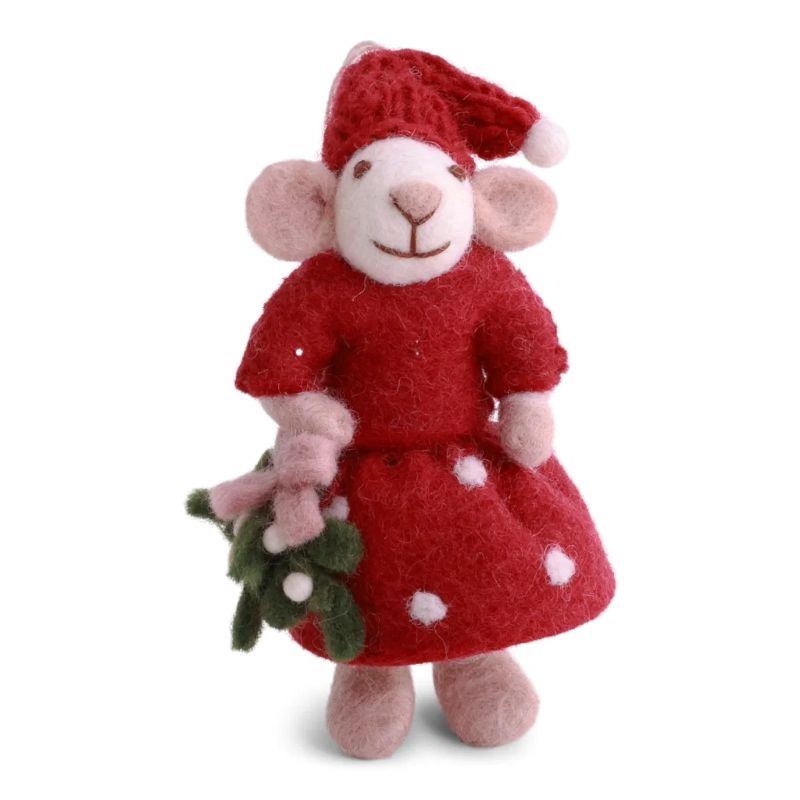 Gry & Sif Filztiere Maus Mädchen mit Kleid und Mistelzweig Anhänger - weiß