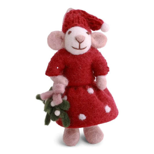 Gry & Sif Filztiere Maus Mädchen mit Kleid und Mistelzweig Anhänger - weiß
