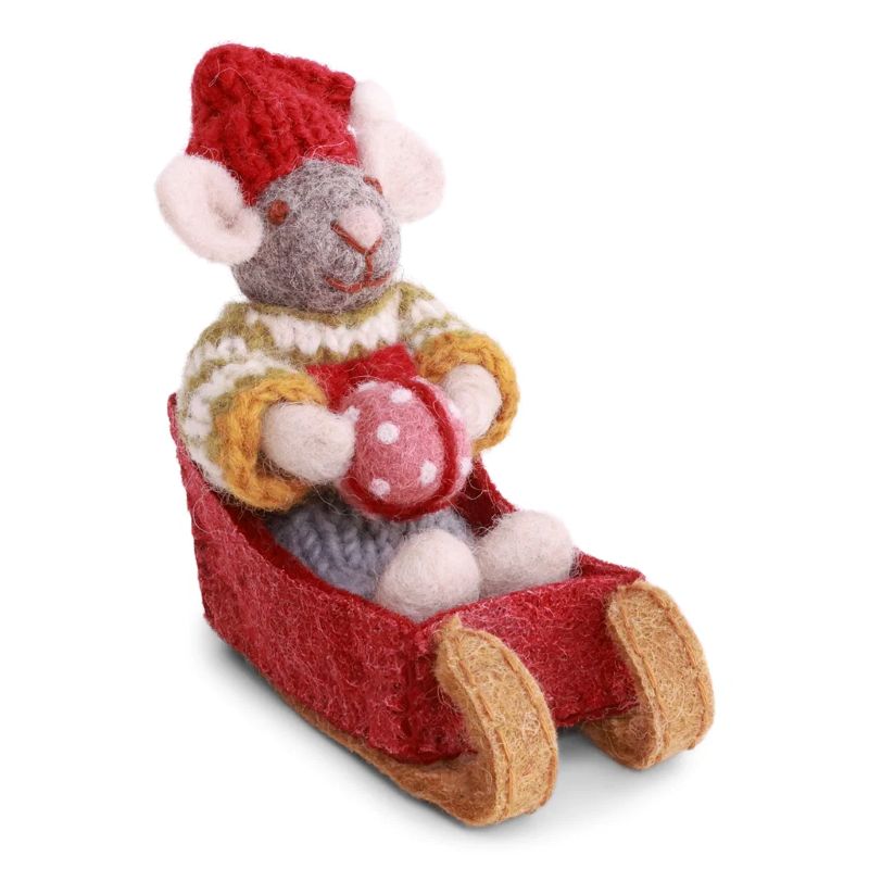 Gry & Sif Filzfiguren Weihnachten Maus mit Schlitten Anhänger - grau