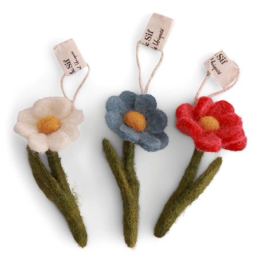 Gry & Sif Filzblumen Anemone kurz Mini mit Blatt 3er Set Anhänger - verschiedene Farbkombis