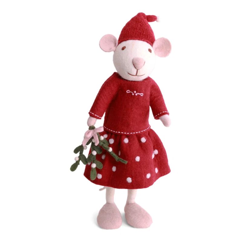 Gry & Sif Filzfiguren Weihnachten Maus Mädchen groß mit Kleid und Mistelzweig - weiß