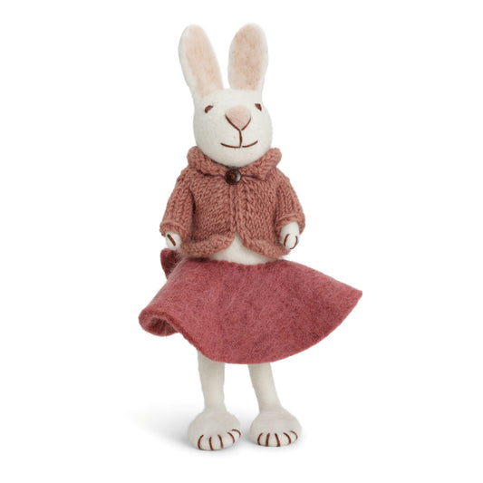 Gry & Sif Osterhase Filz Mädchen groß mit Rock und Strickjacke - weiß