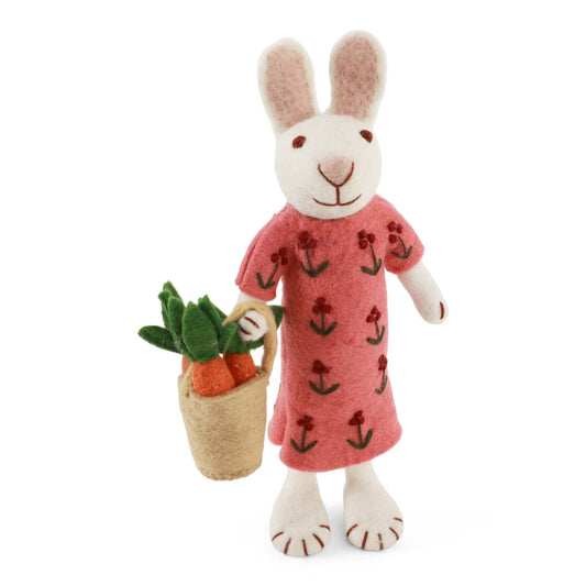 Gry & Sif Osterhase Filz Mädchen groß mit Kleid und Karottenkorb - weiß