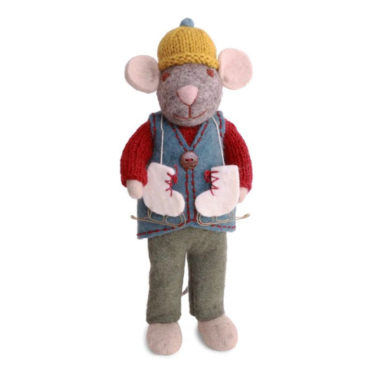 Gry & Sif Filzfiguren Weihnachten Maus groß mit Weste und Schlittschuhe - grau