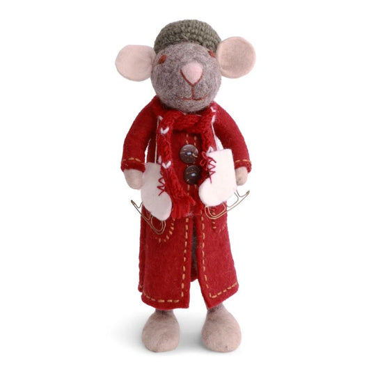 Gry & Sif Filzfiguren Weihnachten Maus Mädchen groß mit Mantel und Schlittschuhe - grau