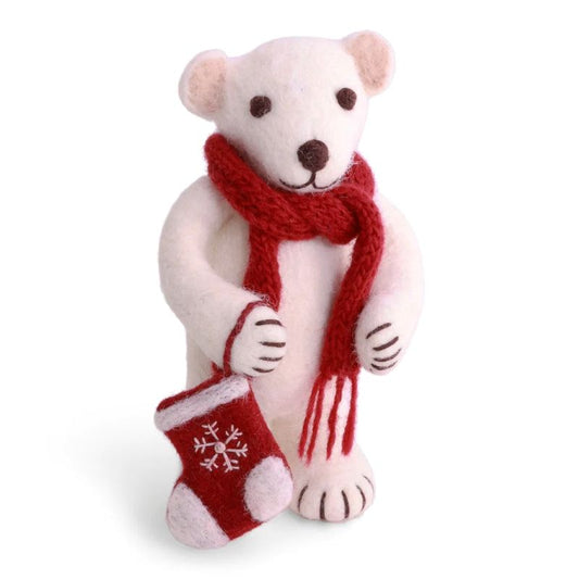 Gry & Sif Filzfiguren Weihnachten Winter Eisbär mit Schal und Weihnachtssocke