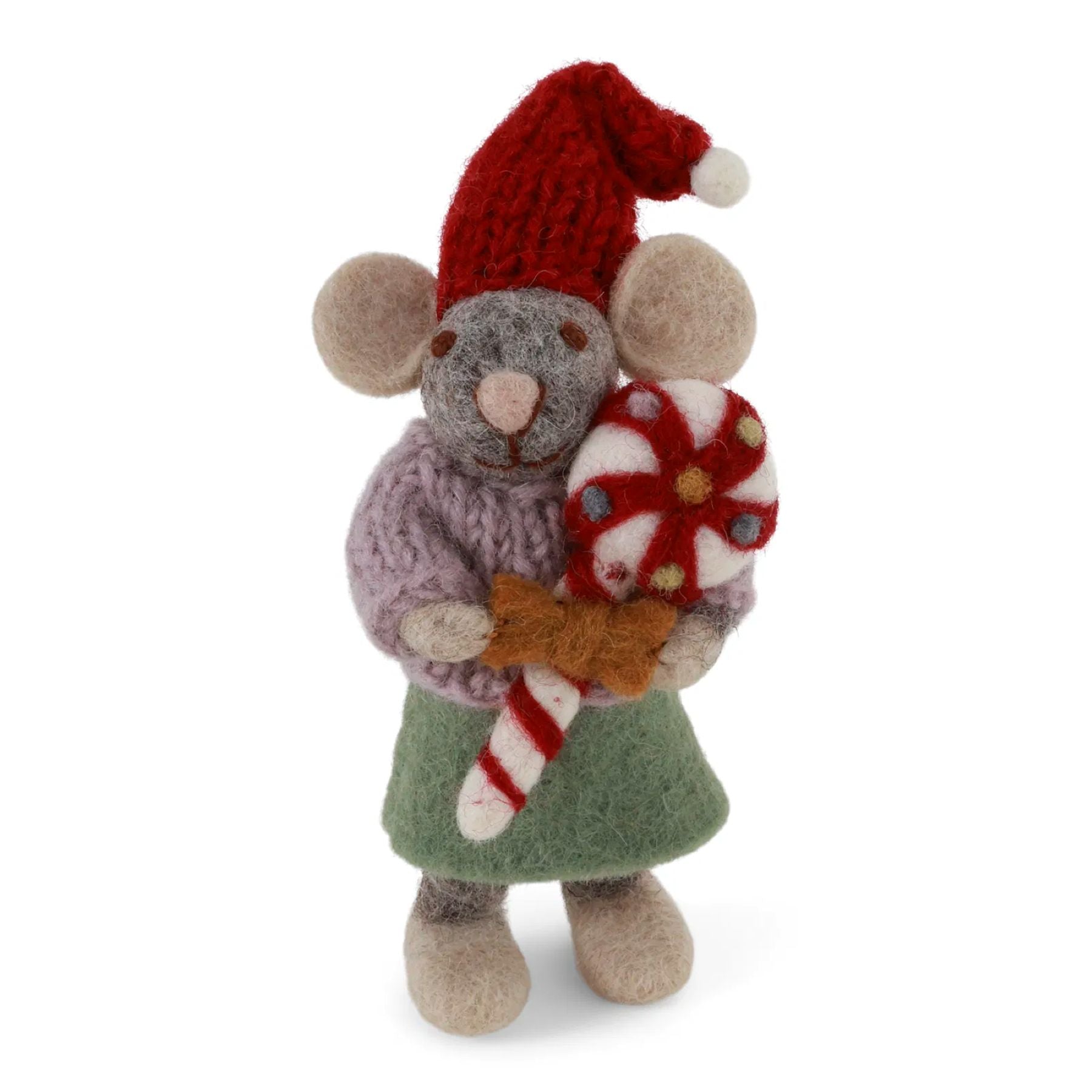 Gry & Sif Filzfiguren Weihnachten Maus Mädchen mit Weihnachstlolli Anhänger - grau