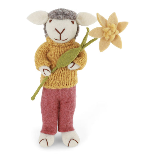 Gry & Sif Ostern Filz Lamm gross mit Filzblumen-grau